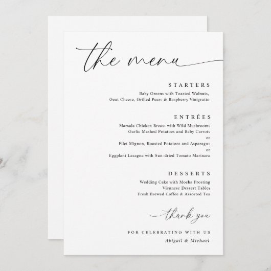 Delicate kalligrafie Moderne romantische bruiloft Menu (Voorkant / Achterkant)