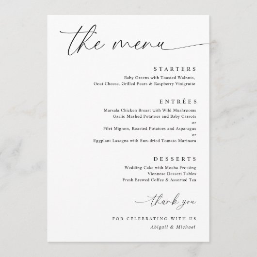 Delicate kalligrafie Moderne romantische bruiloft Menu (Voorkant)