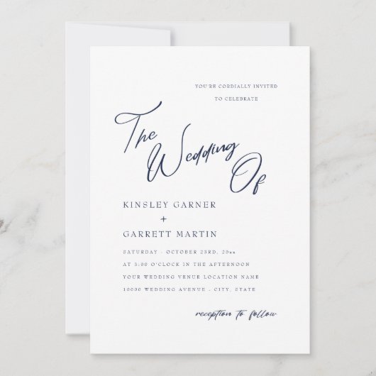 Delicate kalligrafie Navy Blue bruiloft uitnodigin Kaart (Voorkant)