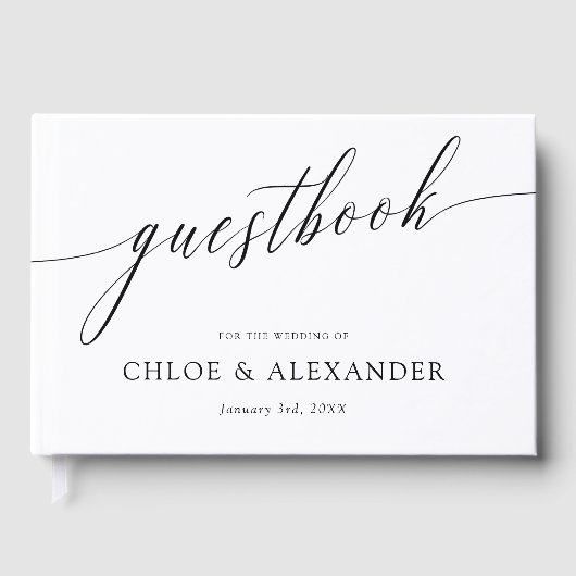 Delicate kalligrafie Zwart-wit bruiloft Gastenboek (Voorkant)