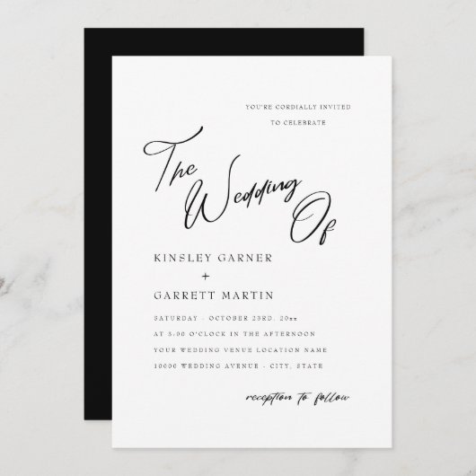 Delicate kalligrafie Zwart & Wit Bruiloft Uitnodig Kaart (Voorkant / Achterkant)