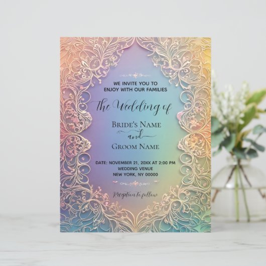 Delicate kant bruiloft uitnodiging (Staand voorkant)