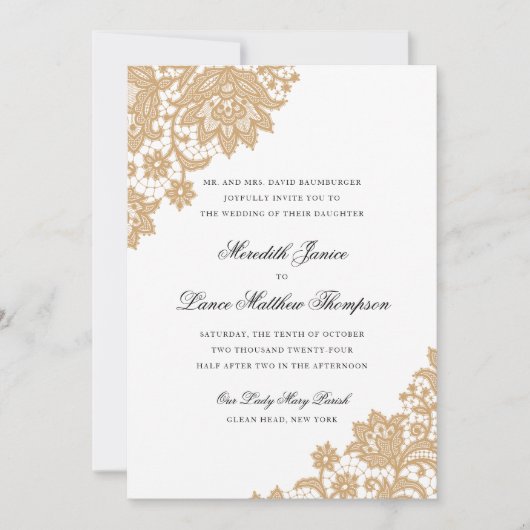 Delicate Kant Hoek Zwart en Goud Script Bruiloft Kaart (Voorkant)