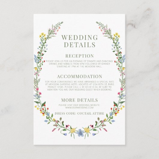 Delicate kleurrijke wildflower bruiloft details ka informatiekaartje (Voorkant)