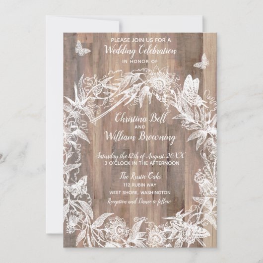 DELICATE Krans Witte Vlinder Hout Bruiloft RSVP Kaart (Voorkant)