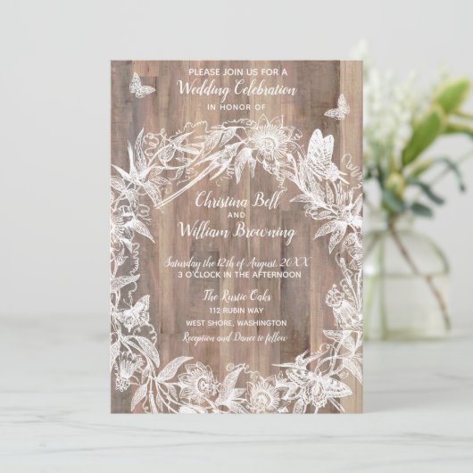 DELICATE Krans Witte Vlinder Hout Bruiloft RSVP Kaart (Staand voorkant)