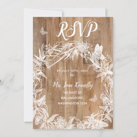 DELICATE Krans Witte Vlinder Hout Bruiloft RSVP Kaart (Achterkant)