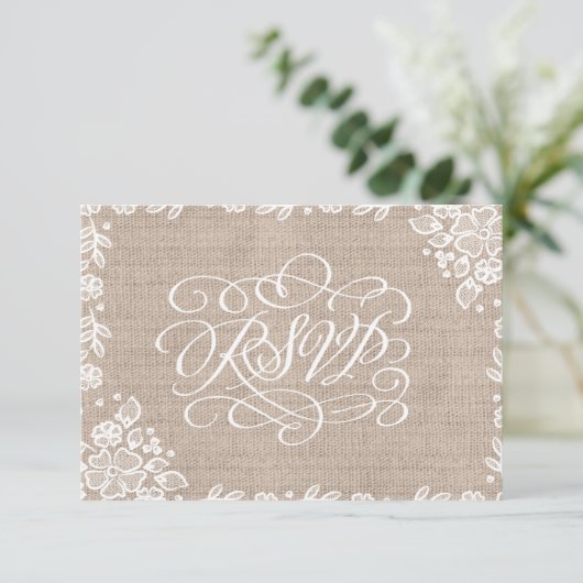 Delicate Lace Burlap Rustieke bruiloft RSVP (Staand voorkant)