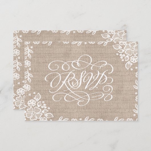Delicate Lace Burlap Rustieke bruiloft RSVP (Voorkant / Achterkant)