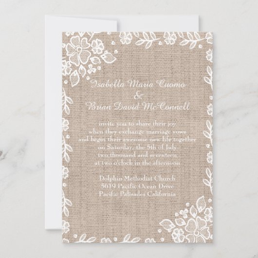 Delicate Lace Burlap Rustieke Country Wedding Kaart (Voorkant)