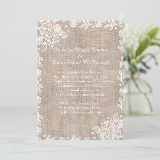 Delicate Lace Burlap Rustieke Country Wedding Kaart (Staand voorkant)