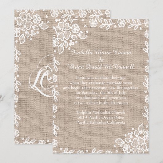 Delicate Lace Burlap Rustieke Country Wedding Kaart (Voorkant / Achterkant)
