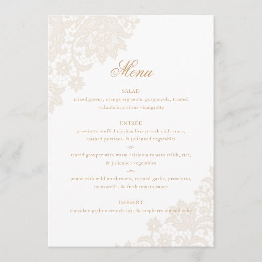 Delicate Lace Corner Ivoor en Gouden Script Bruilo Menu (Voorkant)