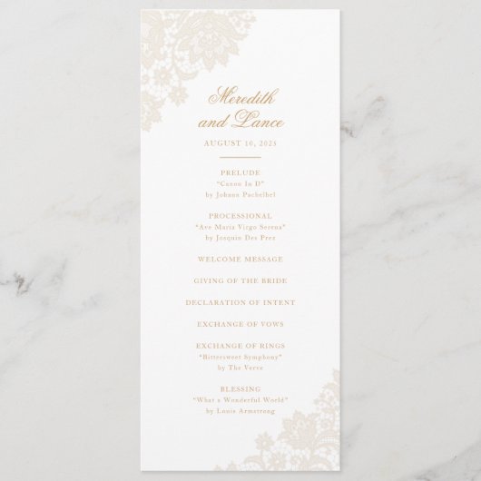 Delicate Lace Corner Ivoor en Gouden Script Bruilo Programmakaart (Voorkant)