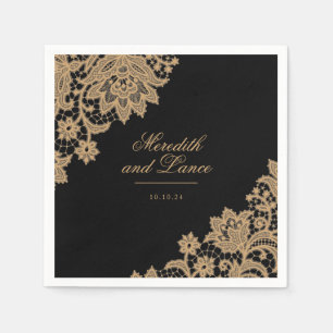Delicate Lace Zwart en Gouden Script Bruiloft Servet