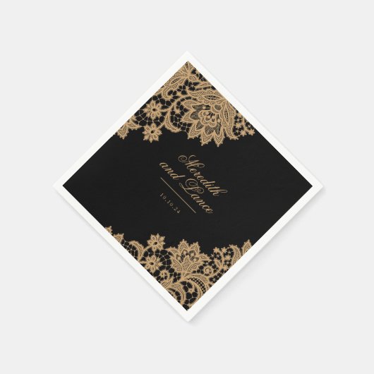 Delicate Lace Zwart en Gouden Script Bruiloft Servet (Hoek)