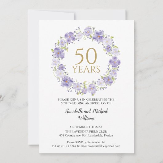 Delicate Lavendel Floral Garland 50e bruiloft Kaart (Voorkant)
