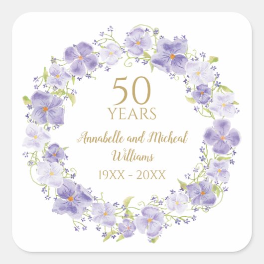 Delicate Lavendel Floral Garland 50e bruiloft Vierkante Sticker (Voorkant)