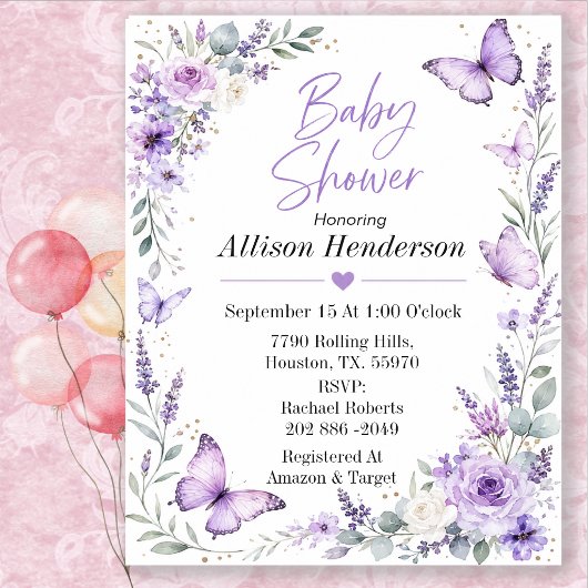Delicate Lavendel Vlinder Baby Shower Kaart