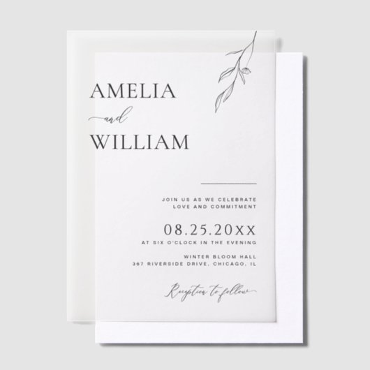 Delicate Leaf Sketch Eenvoudige bruiloft Vellum Uitnodigingen (Offset)