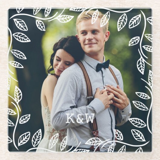 Delicate Leaves Lijst Monogrammed Foto Glazen Onderzetter (Voorkant)