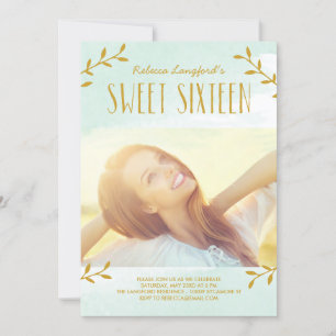 Delicate Leaves Sweet Sixteen Invitation Blue Kaart