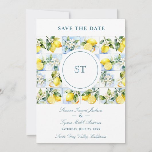 Delicate Lemon Branch and Flowers Tiles Wedding Save The Date (Voorkant)