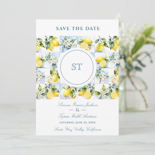 Delicate Lemon Branch and Flowers Tiles Wedding Save The Date (Staand voorkant)