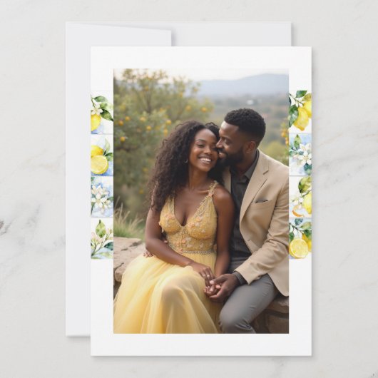 Delicate Lemon Branch and Flowers Tiles Wedding Save The Date (Achterkant)