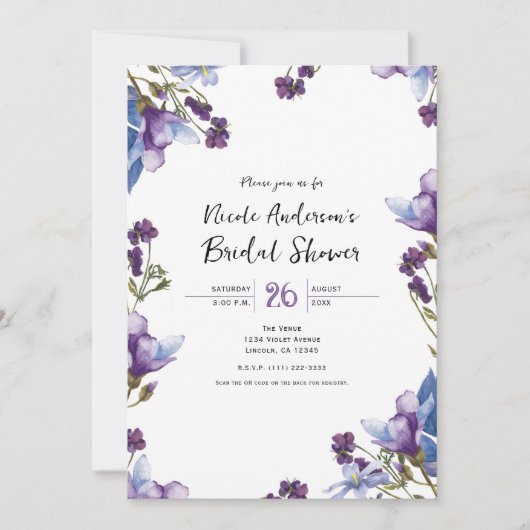 Delicate Lente Bloemen Paarse Bruiloft Feest Kaart (Voorkant)