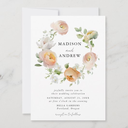 Delicate lente bloemenkrans bruiloft kaart (Voorkant)