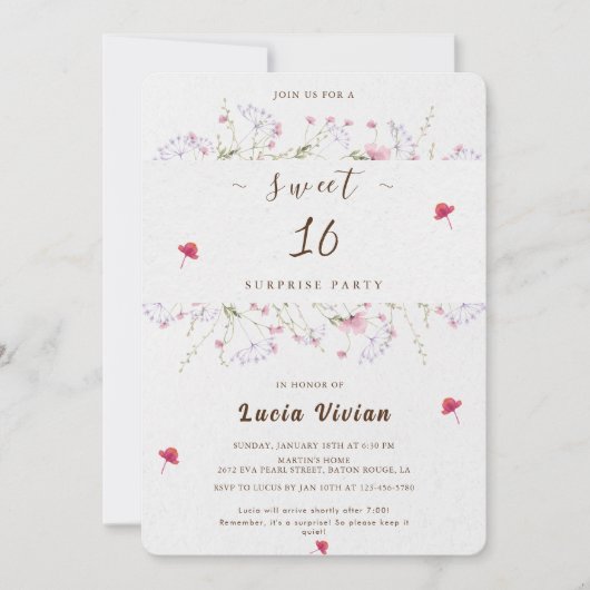 Delicate Lente Wildbloem Sweet 16 Verrassingsfeest Kaart (Voorkant)