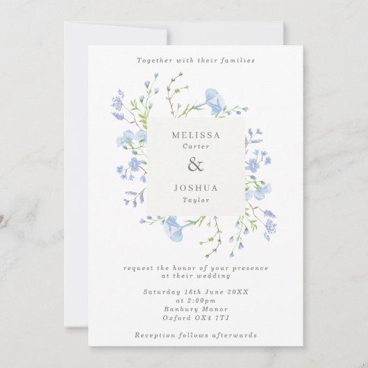 Delicate Light Blue Floral Square Lijst Weddenscha Kaart (Voorkant)