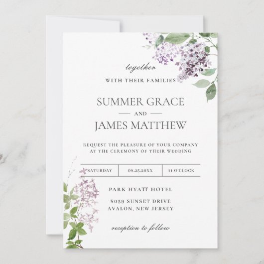 Delicate Lila Paarse Bloemen Groen Bruiloft Invi Kaart (Voorkant)