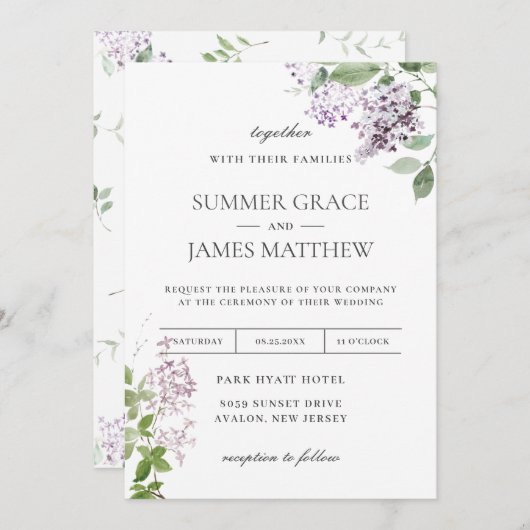 Delicate Lila Paarse Bloemen Groen Bruiloft Invi Kaart (Voorkant / Achterkant)