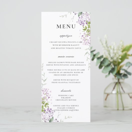 Delicate Lila Paarse Bloemen Groen Bruiloft Menu (Staand voorkant)
