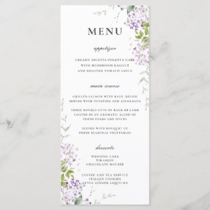 Delicate Lila Paarse Bloemen Groen Bruiloft Menu