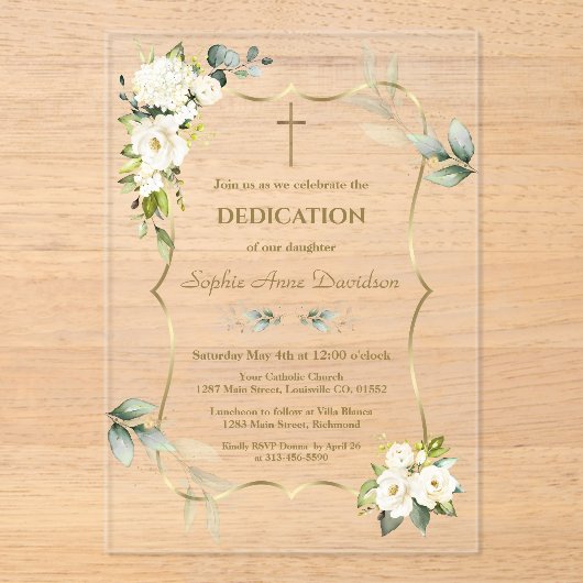 Delicate Luchtig Groen Witte Bloemen Toewijding Acryl Uitnodigingen (Voorkant)