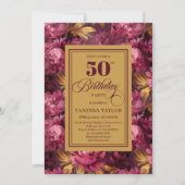 Delicate merlot blush gouden bloemen 50e verjaarda kaart (Voorkant)