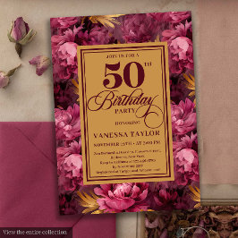 Delicate merlot blush gouden bloemen 50e verjaarda kaart