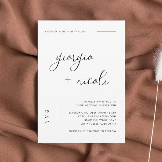 Delicate minimalistische script zwart-wit bruiloft kaart