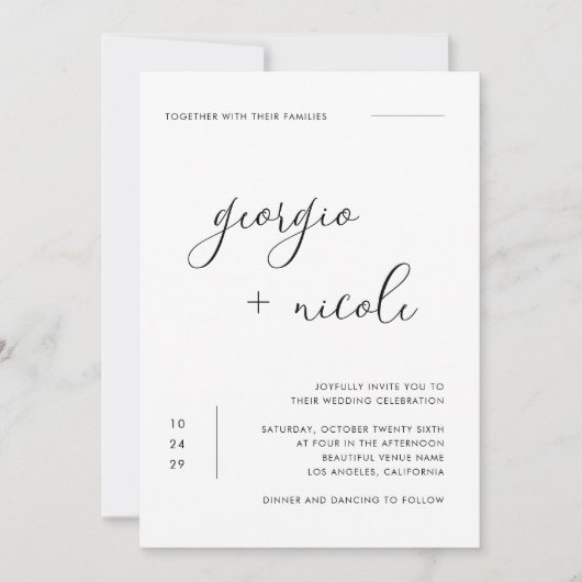 Delicate minimalistische script zwart-wit bruiloft kaart (Voorkant)