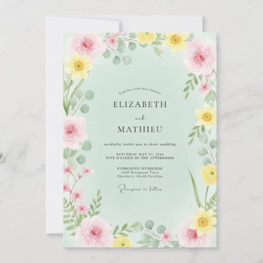 Delicate Mintgroene Gele Wilde Bloemen Bruiloft Kaart (Voorkant)