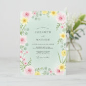 Delicate Mintgroene Gele Wilde Bloemen Bruiloft Kaart (Staand voorkant)