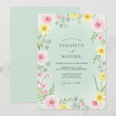 Delicate Mintgroene Gele Wilde Bloemen Bruiloft Kaart (Voorkant / Achterkant)
