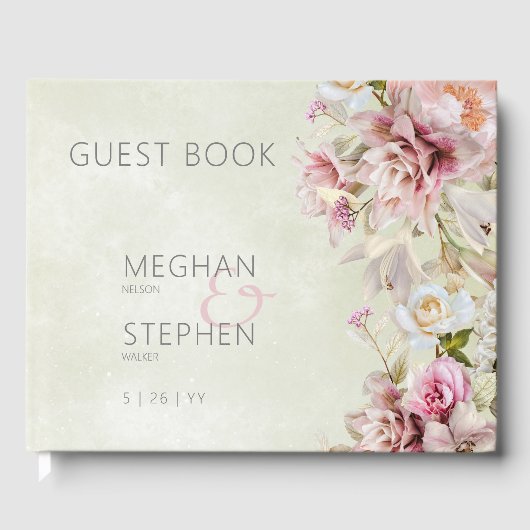 Delicate Modern Pink Blush Roos Lily Green Wedding Gastenboek (Voorkant)