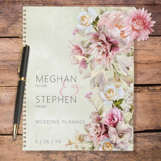 Delicate Modern Pink Blush Roos Lily Green Wedding Planner