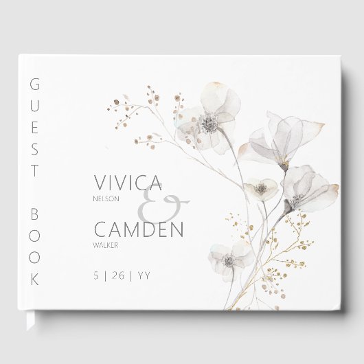 Delicate Modern White Grey & Gold Floral Wedding Gastenboek (Voorkant)