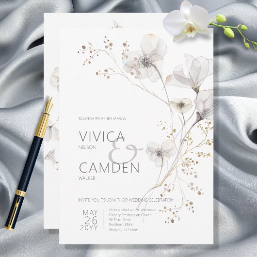 Delicate Modern White Grey & Gold Floral Wedding Kaart