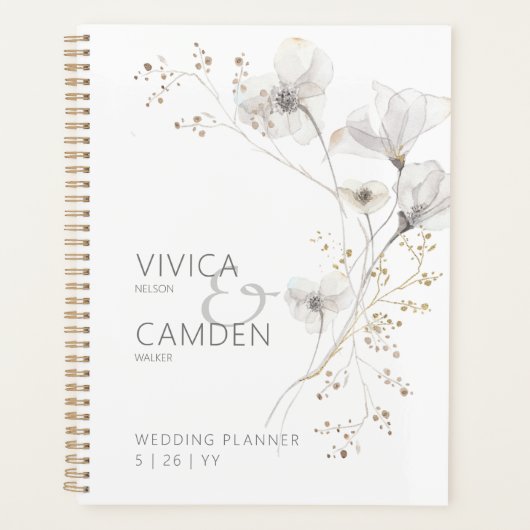 Delicate Modern White Grey & Gold Floral Wedding Planner (Voorkant)